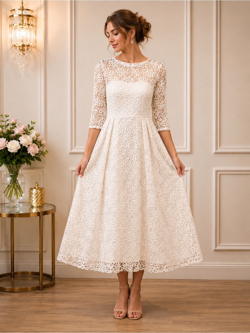 Tatyana White Floral Lace Fit & Flare Dress XS